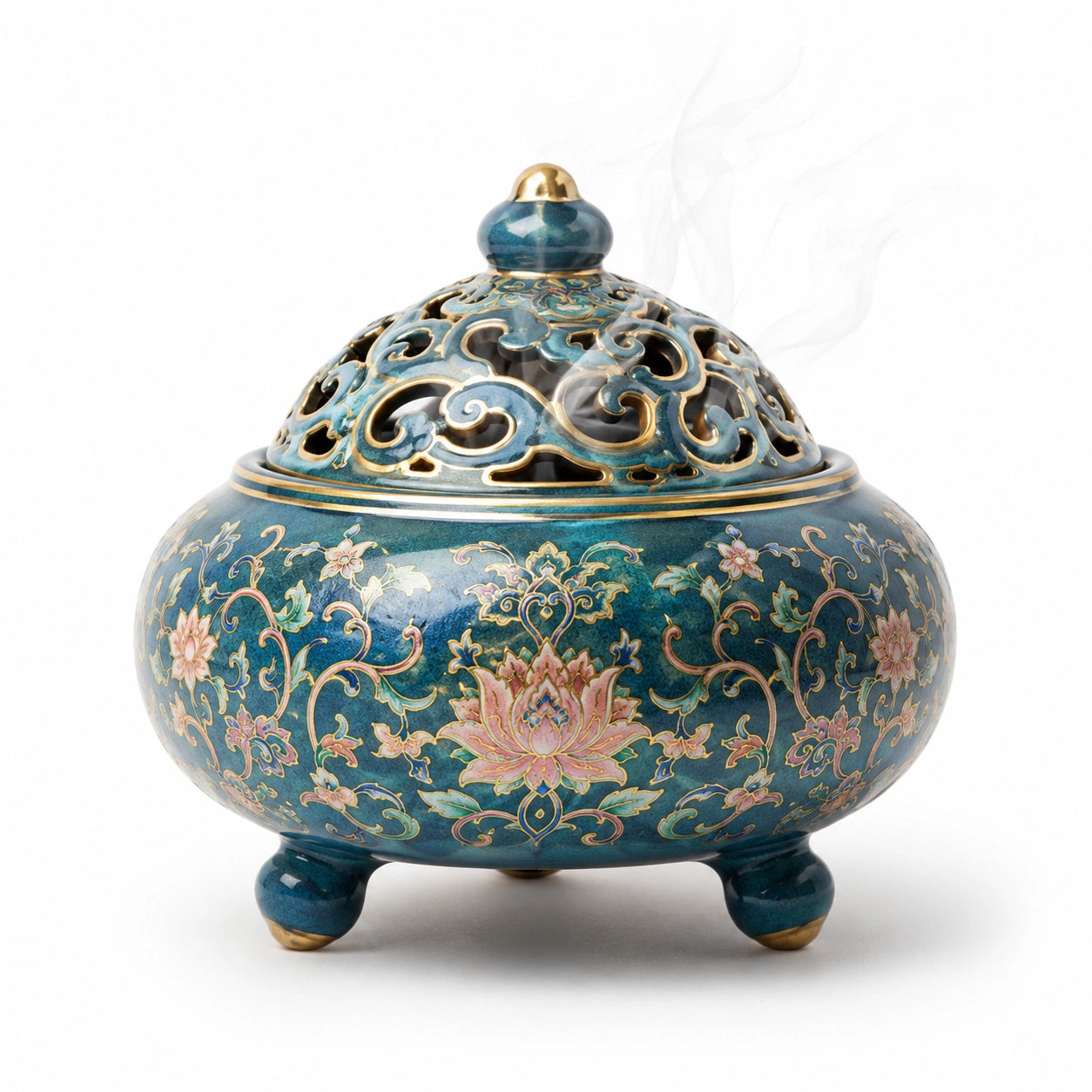 Räuchergefäß Blau/Gold mit Lotus-Design