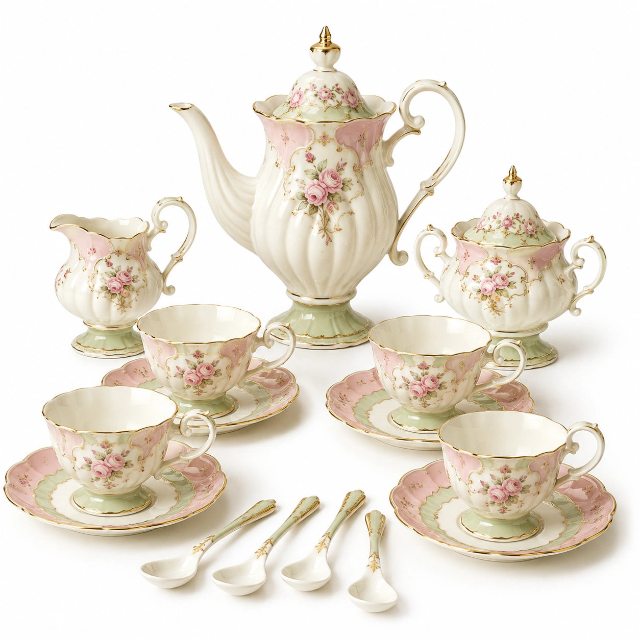 Porzellan Teeservice 15-teilig mit Rosendekor in Weiß/Rosa/Grün
