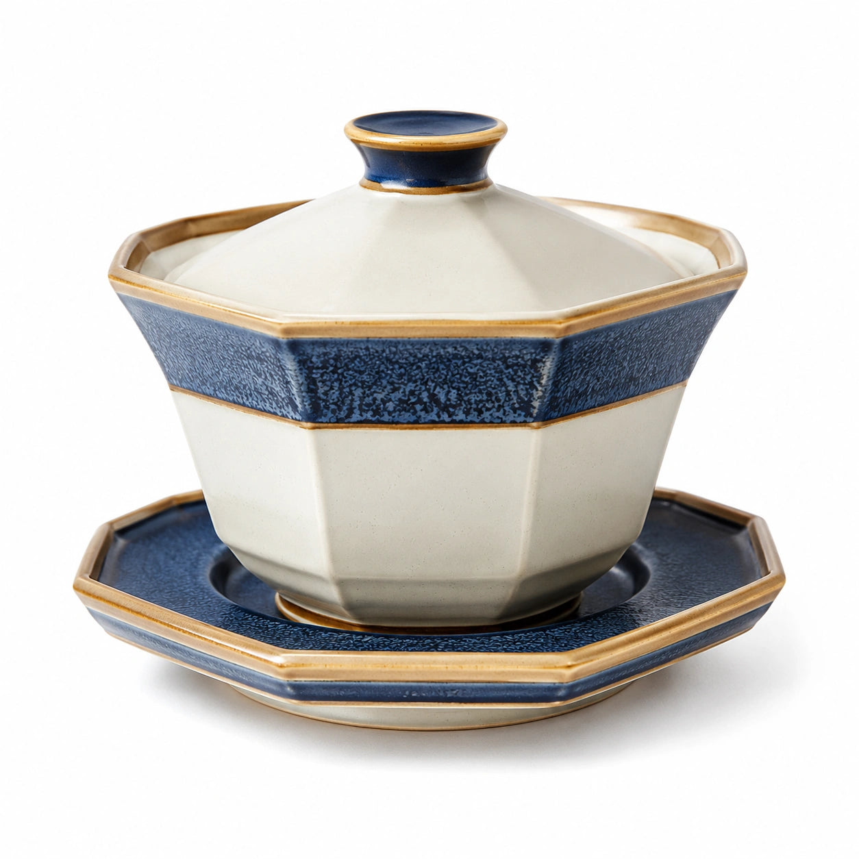 Gaiwan aus Porzellan mit Deckel und Untertasse, Blau und Beige