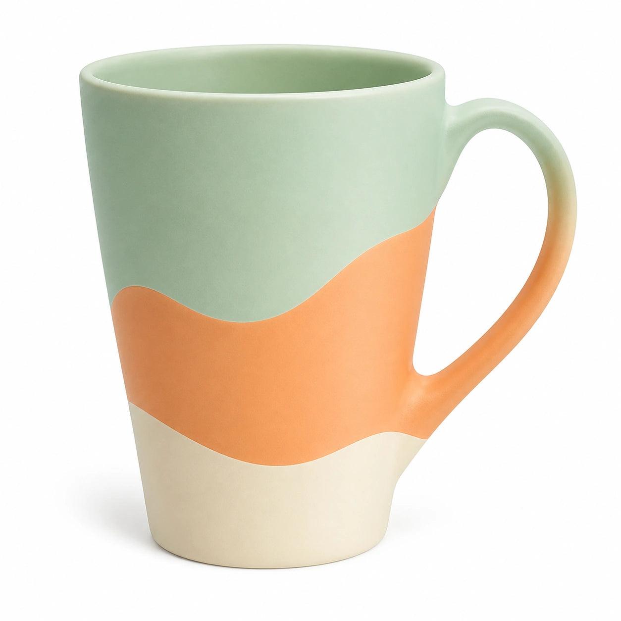 Handgefertigte Keramiktasse 350 ml mit Wellenmuster in Grün/Orange/Beige
