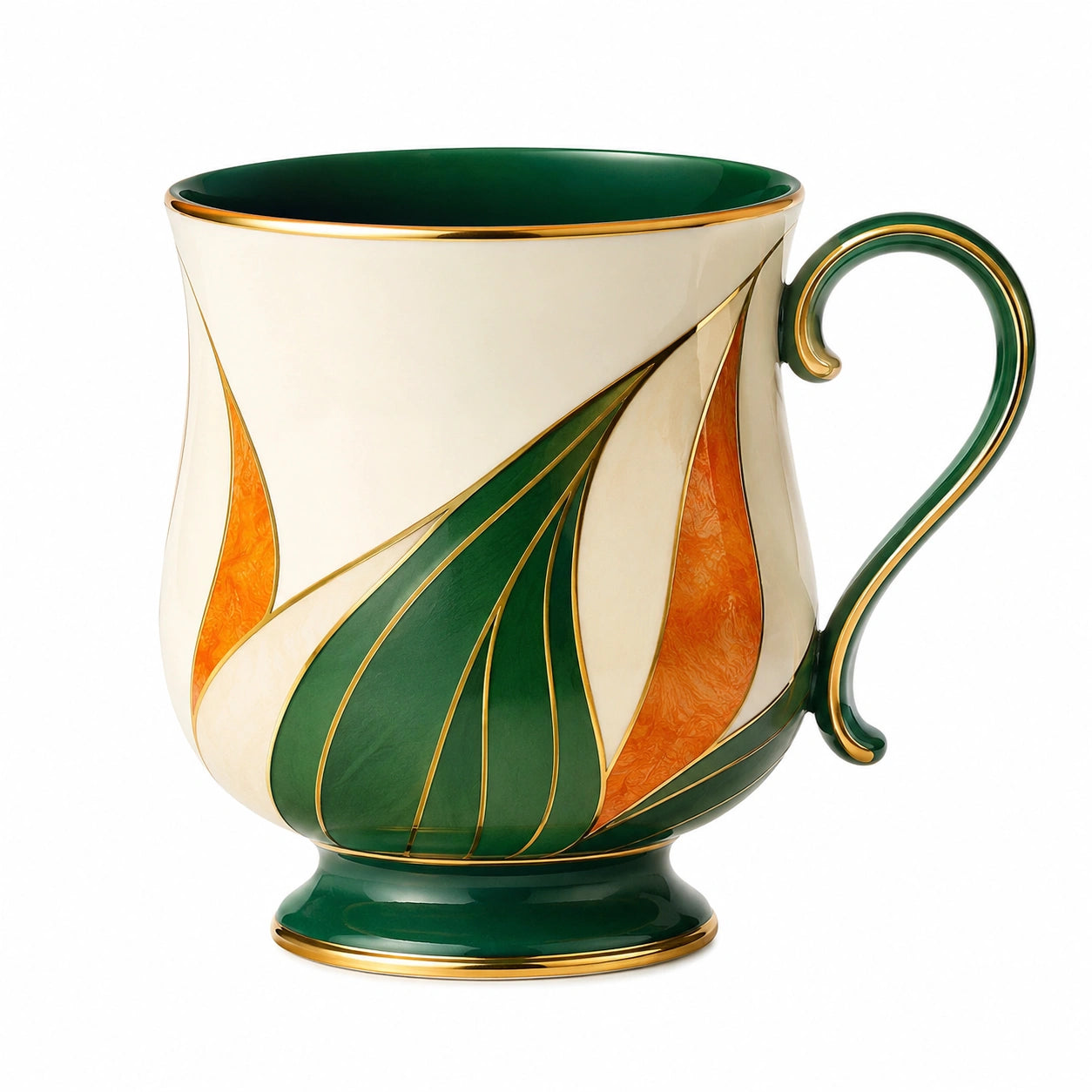 Kaffeetasse mit Blattmuster und Goldrand, Grün/Orange, 350ml